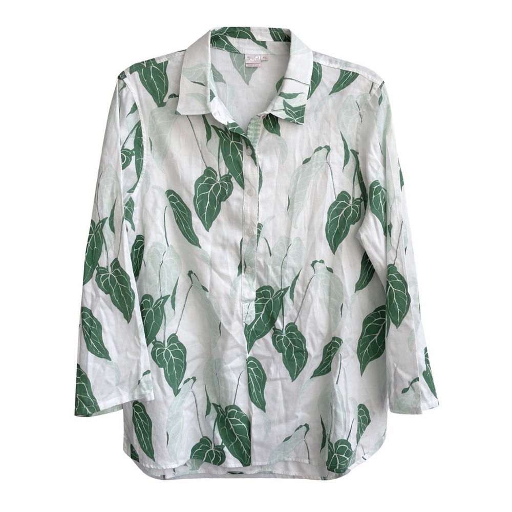 Persifor Leaf Print Shirt‎ Womens XL White Green Coastal Preppy Cotton Blouse